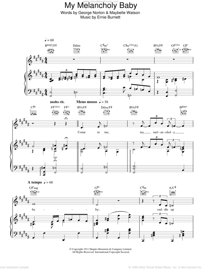 My Melancholy Baby sheet music for voice, piano or guitar by Michael Buble, Ernie Burnett, George Norton and Maybelle Watson, intermediate skill level
