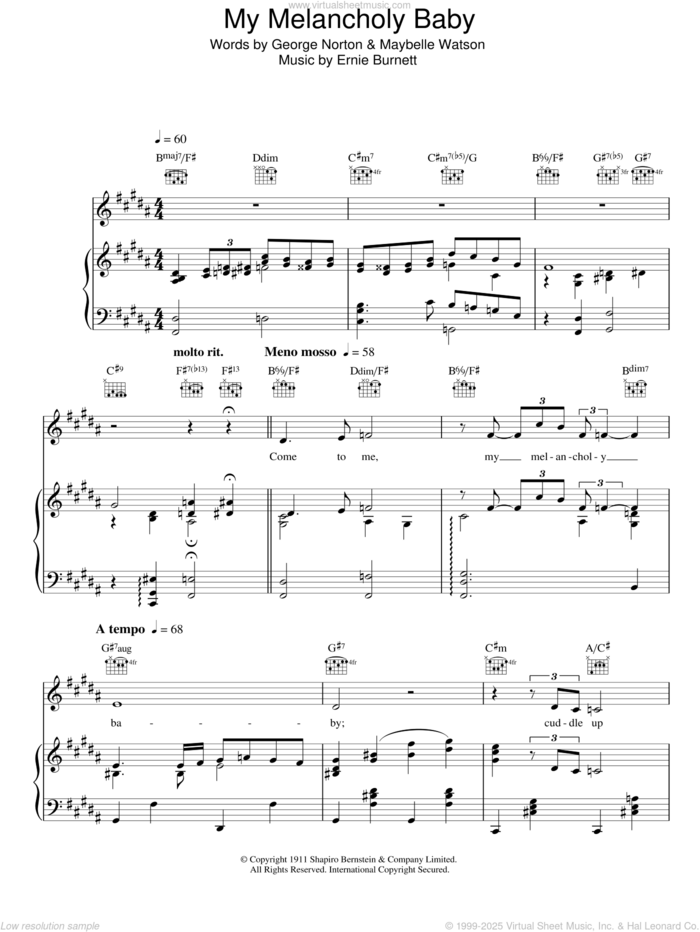 My Melancholy Baby sheet music for voice, piano or guitar by Michael Buble, Ernie Burnett, George Norton and Maybelle Watson, intermediate skill level