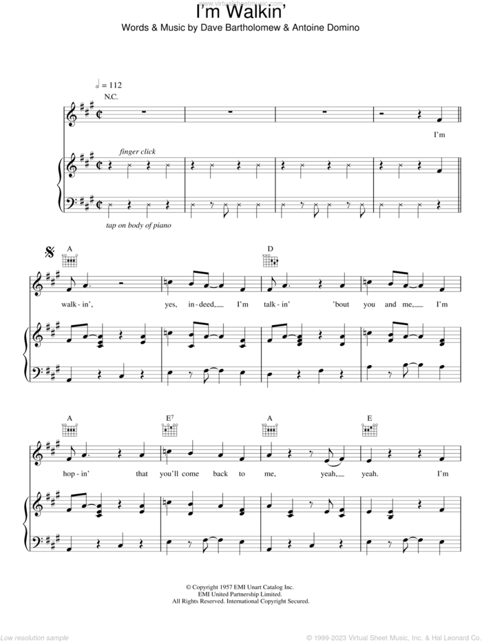 I'm Walkin' sheet music for voice, piano or guitar by Antoine 'Fats' Domino, Antoine Domino and Dave Bartholomew, intermediate skill level