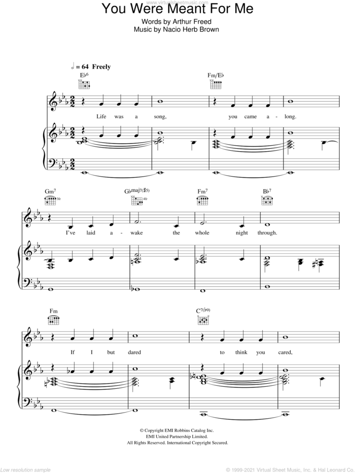 You Were Meant For Me sheet music for voice, piano or guitar by Nacio Herb Brown and Arthur Freed, intermediate skill level