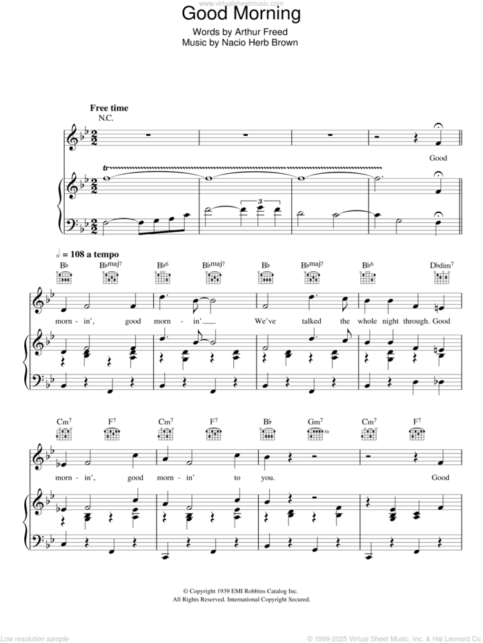 Good Morning (from Singin' In The Rain) sheet music for voice, piano or guitar by Nacio Herb Brown and Arthur Freed, intermediate skill level