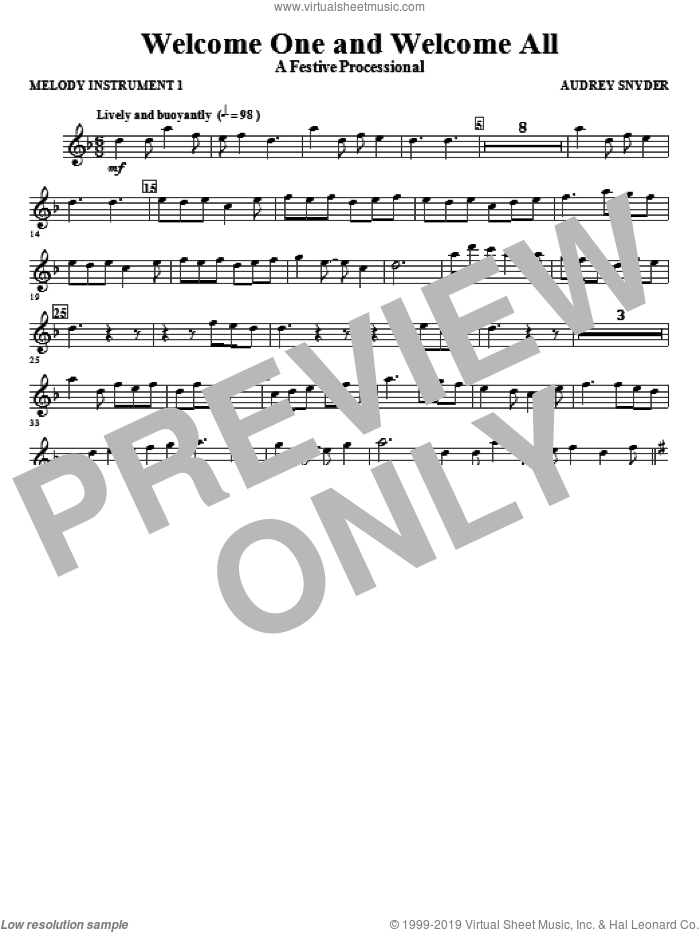 Welcome One And Welcome All, a festive processional sheet music for orchestra/band (c instrument i) by Audrey Snyder, intermediate skill level
