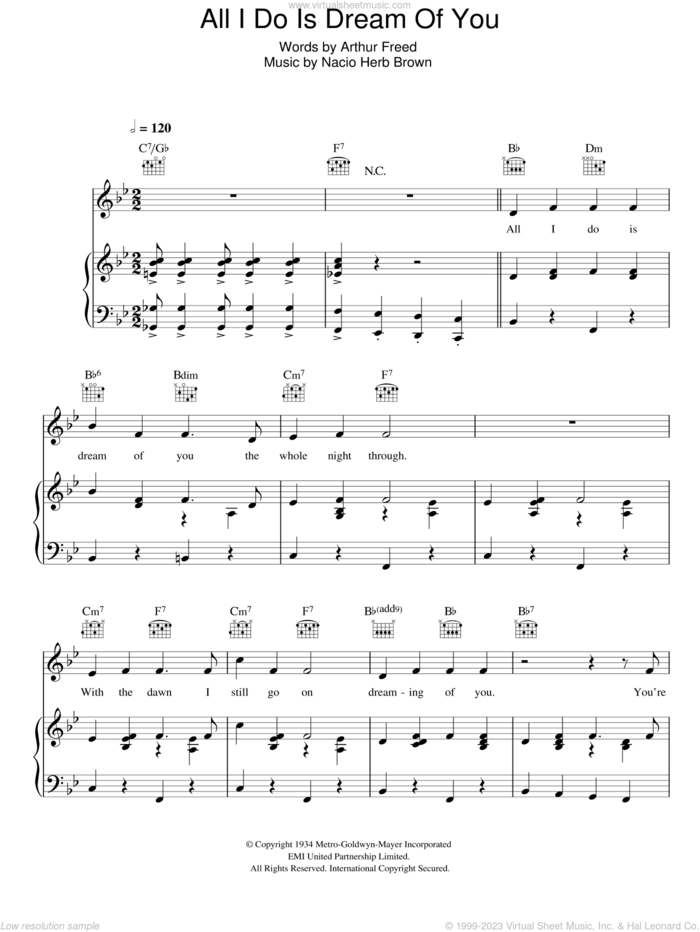 All I Do Is Dream Of You sheet music for voice, piano or guitar by Nacio Herb Brown and Arthur Freed, intermediate skill level