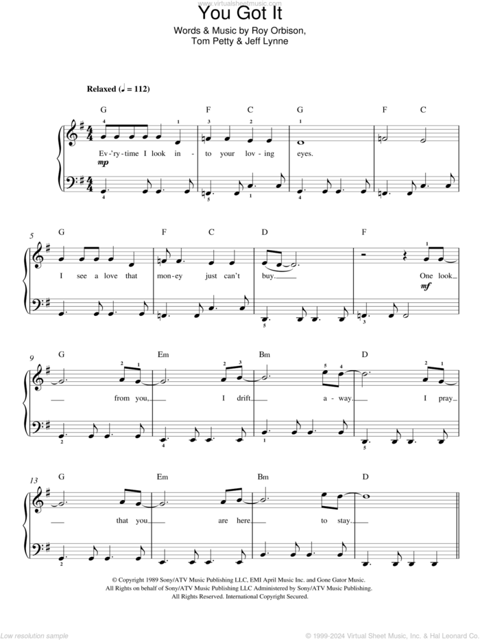 You Got It sheet music for piano solo by Roy Orbison, Jeff Lynne and Tom Petty, easy skill level