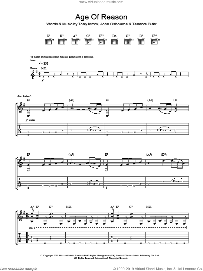 Age Of Reason sheet music for guitar (tablature) by Black Sabbath, John Osbourne, Terrence Butler and Tony Iommi, intermediate skill level