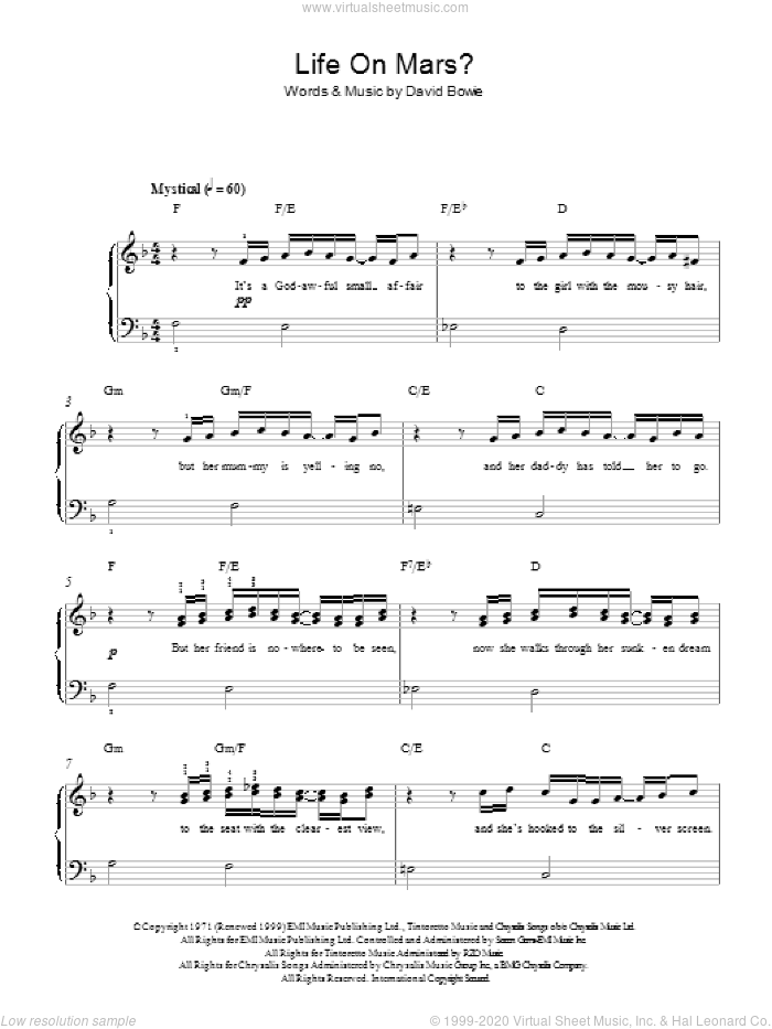 Life On Mars?, (easy) sheet music for piano solo by David Bowie, easy skill level
