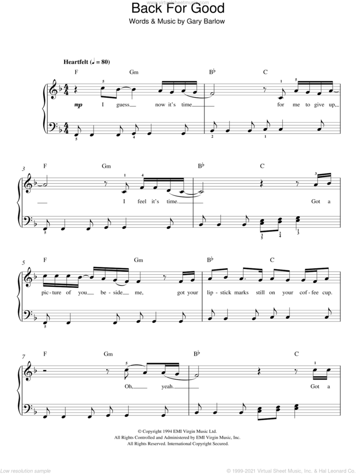 Back For Good sheet music for piano solo by Take That and Gary Barlow, easy skill level