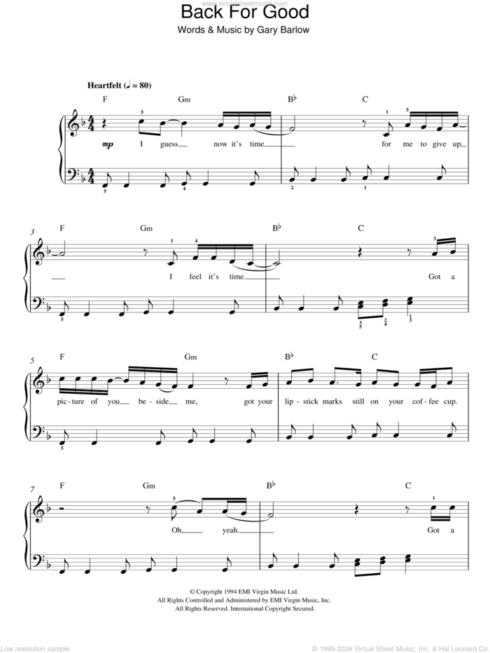 Back For Good sheet music for piano solo by Take That and Gary Barlow, easy skill level