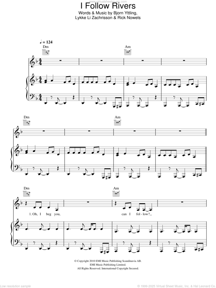 I Follow Rivers sheet music for voice, piano or guitar by Lykke Li, Bjorn Yttling, Lykke Li Zachrisson and Rick Nowels, intermediate skill level