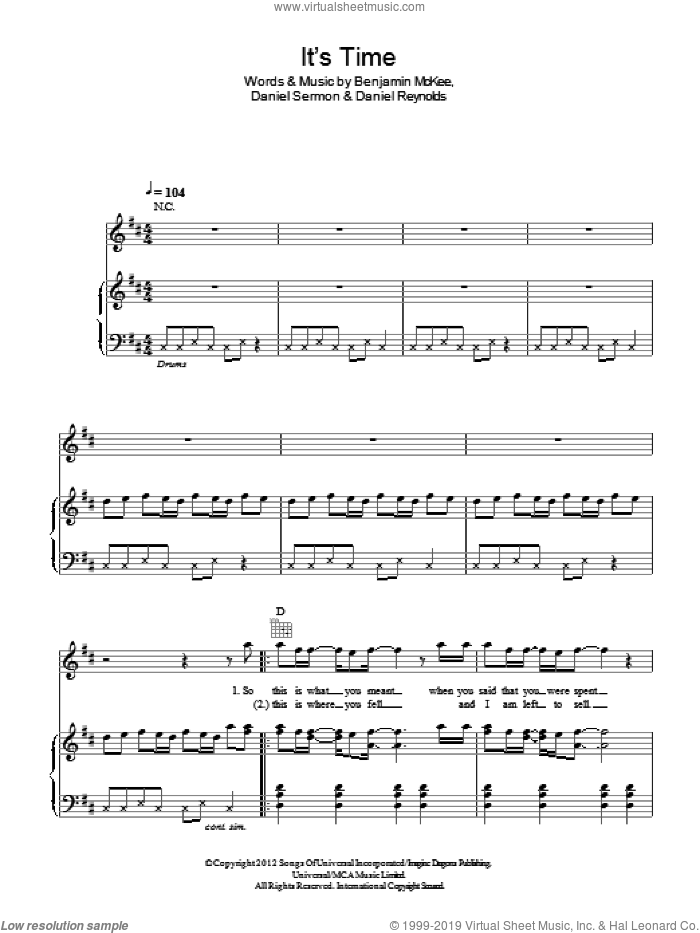 It's Time sheet music for voice, piano or guitar by Imagine Dragons, Benjamin McKee, Daniel Reynolds and Daniel Sermon, intermediate skill level