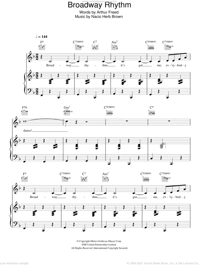Broadway Rhythm sheet music for voice, piano or guitar by Nacio Herb Brown and Arthur Freed, intermediate skill level