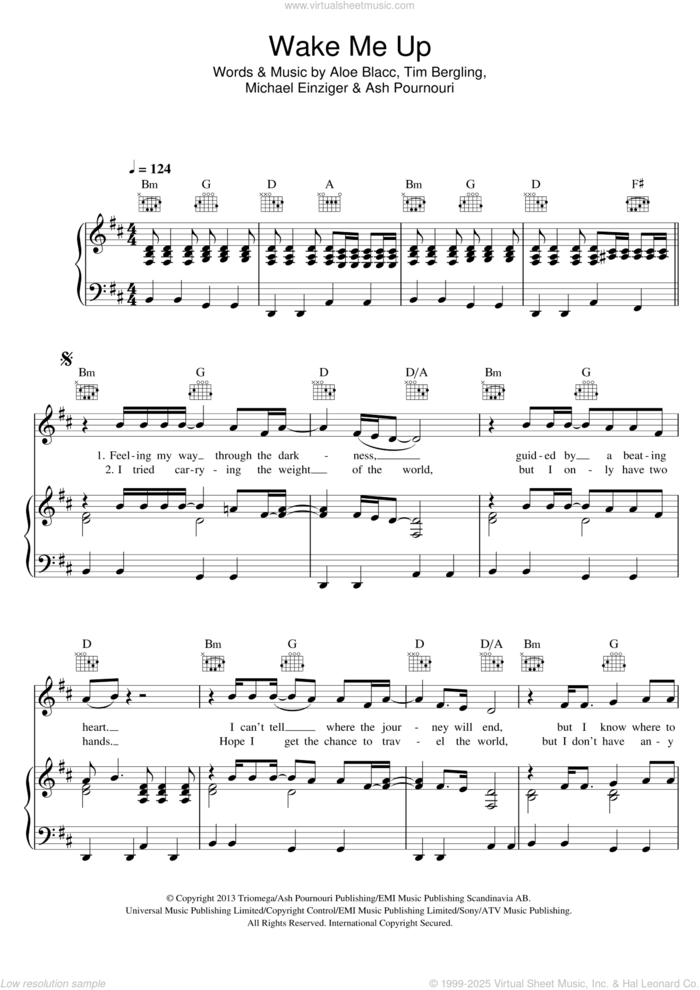 Wake Me Up sheet music for voice, piano or guitar by Avicii, Aloe Blacc, Ash Pournouri, Michael Einziger and Tim Bergling, intermediate skill level