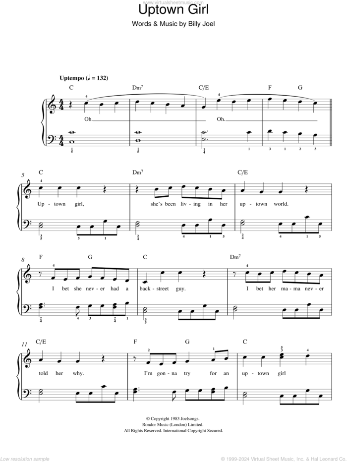 Uptown Girl sheet music for piano solo by Westlife, easy skill level