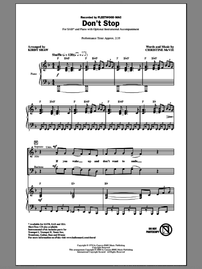Don't Stop sheet music for choir (SAB: soprano, alto, bass) by Kirby Shaw, Christine McVie and Fleetwood Mac, intermediate skill level
