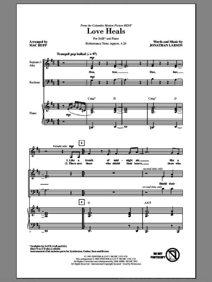 Love Heals sheet music for choir (SAB: soprano, alto, bass) by Jonathan Larson, intermediate skill level