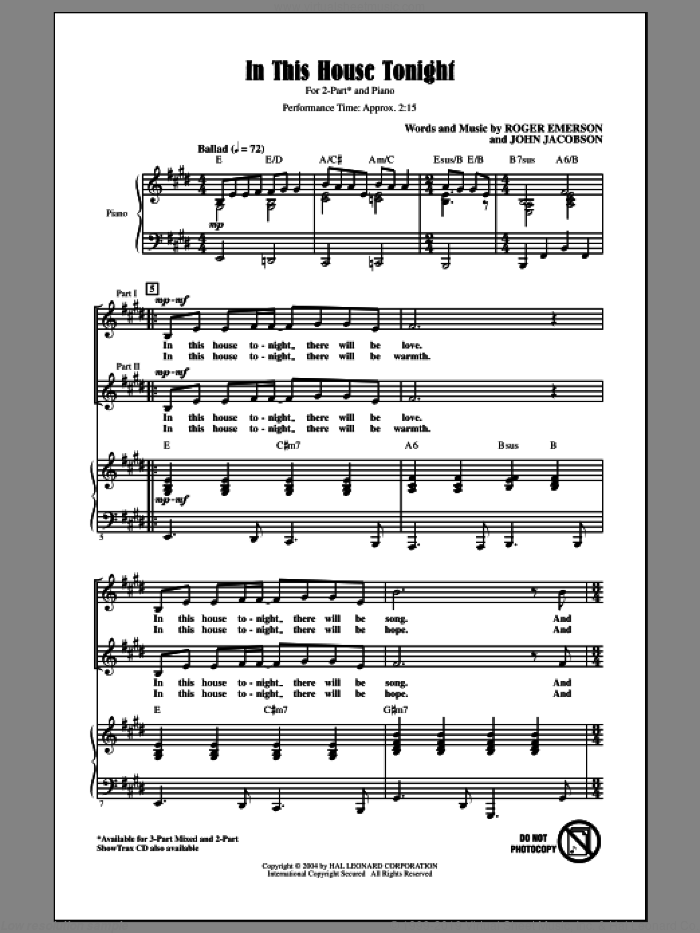 In This House Tonight sheet music for choir (2-Part) by Roger Emerson and John Jacobson, intermediate duet