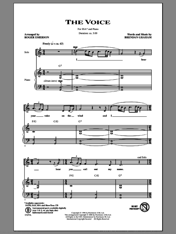 The Voice sheet music for choir (SSA: soprano, alto) by Roger Emerson and Brendan Graham, intermediate skill level
