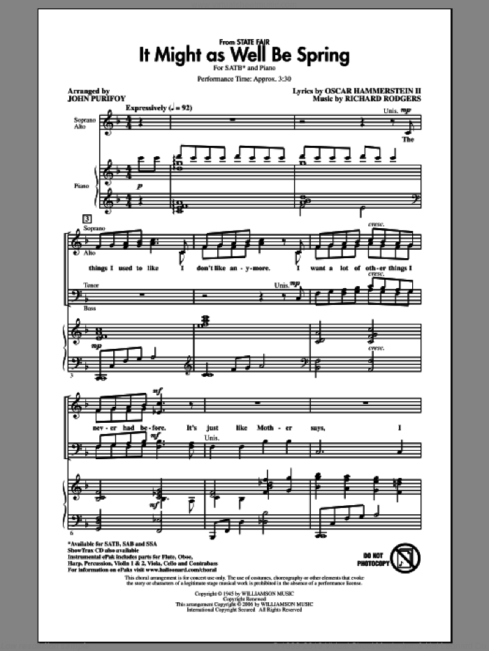 It Might As Well Be Spring sheet music for choir (SATB: soprano, alto, tenor, bass) by Richard Rodgers, John Purifoy, Oscar II Hammerstein and Rodgers & Hammerstein, intermediate skill level