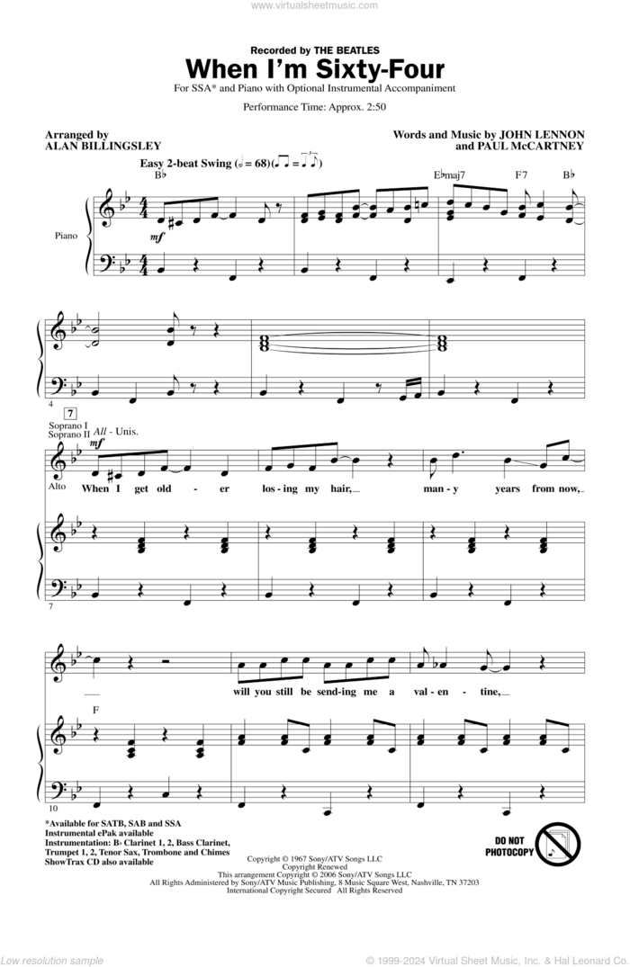 When I'm Sixty-Four sheet music for choir (SSA: soprano, alto) by The Beatles, Alan Billingsley, John Lennon and Paul McCartney, intermediate skill level
