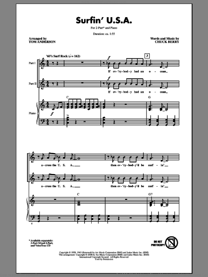 Surfin' U.S.A. (arr. Tom Anderson) sheet music for choir (2-Part) by The Beach Boys, Chuck Berry and Tom Anderson, intermediate duet
