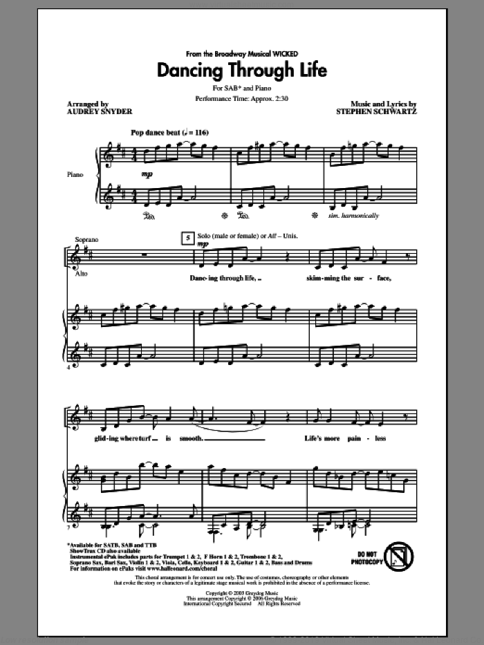 Dancing Through Life (from Wicked) sheet music for choir (SAB: soprano, alto, bass) by Stephen Schwartz and Audrey Snyder, intermediate skill level