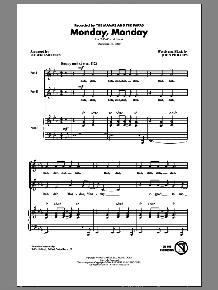 Monday, Monday sheet music for choir (2-Part) by Roger Emerson, John Phillips, The Mamas & The Papas and The Mamas and The Papas, intermediate duet