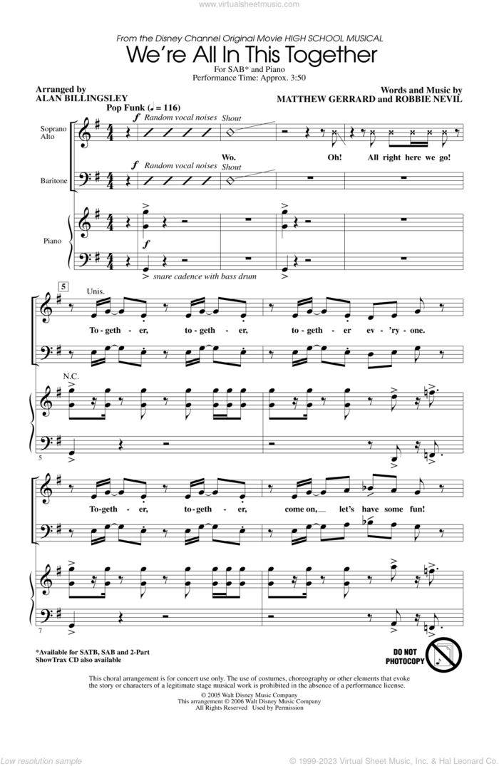 We're All In This Together (from High School Musical) (arr. Alan Billingsley) sheet music for choir (SAB: soprano, alto, bass) by Alan Billingsley, High School Musical Cast, Matthew Gerrard and Robbie Nevil, intermediate skill level