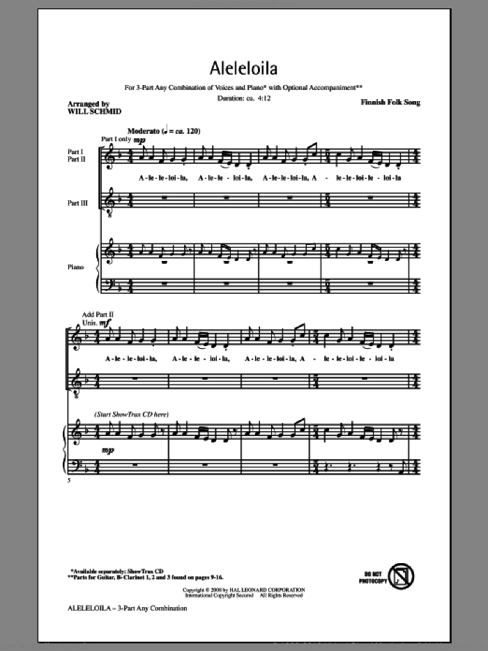 Alleleloila sheet music for choir (3-Part Mixed) by Will Schmid, intermediate skill level
