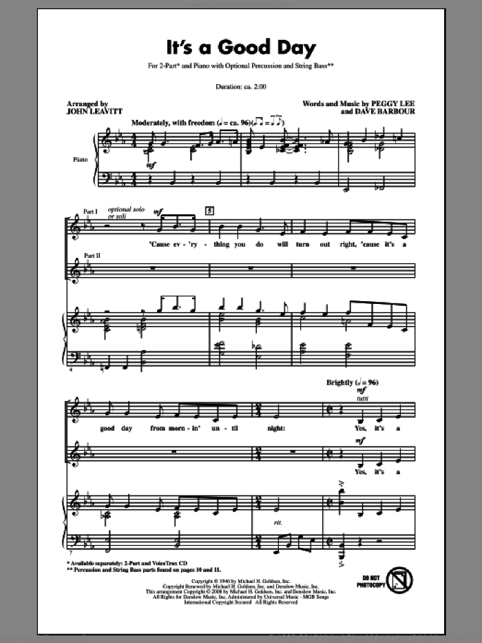 It's A Good Day sheet music for choir (2-Part) by John Leavitt, Dave Barbour and Peggy Lee, intermediate duet