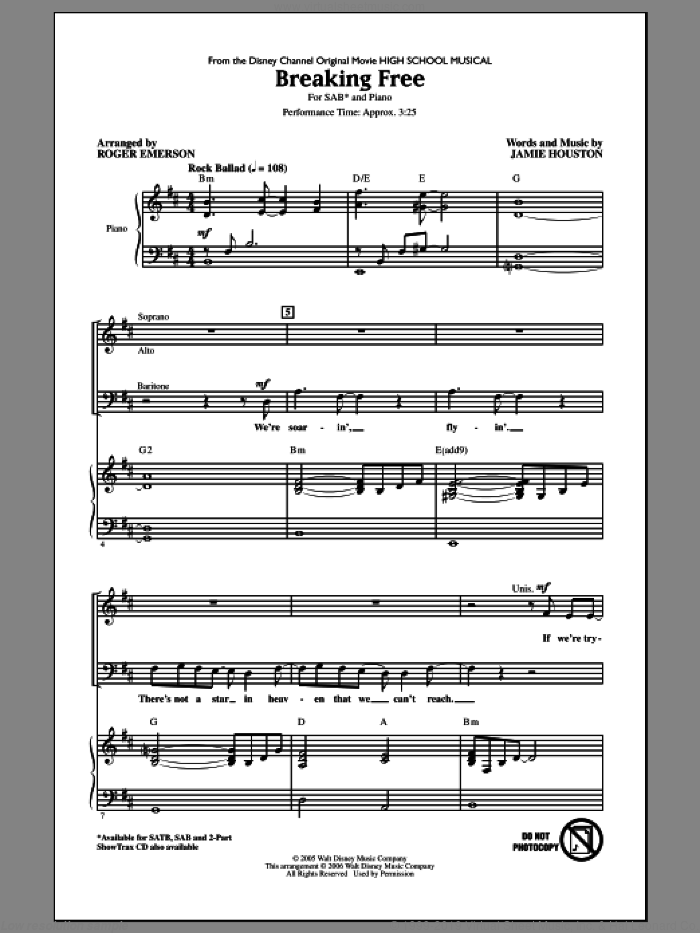 Breaking Free (from High School Musical) (arr. Roger Emerson) sheet music for choir (SAB: soprano, alto, bass) by Roger Emerson, Jamie Houston and Zac Efron and Vanessa Anne Hudgens, intermediate skill level