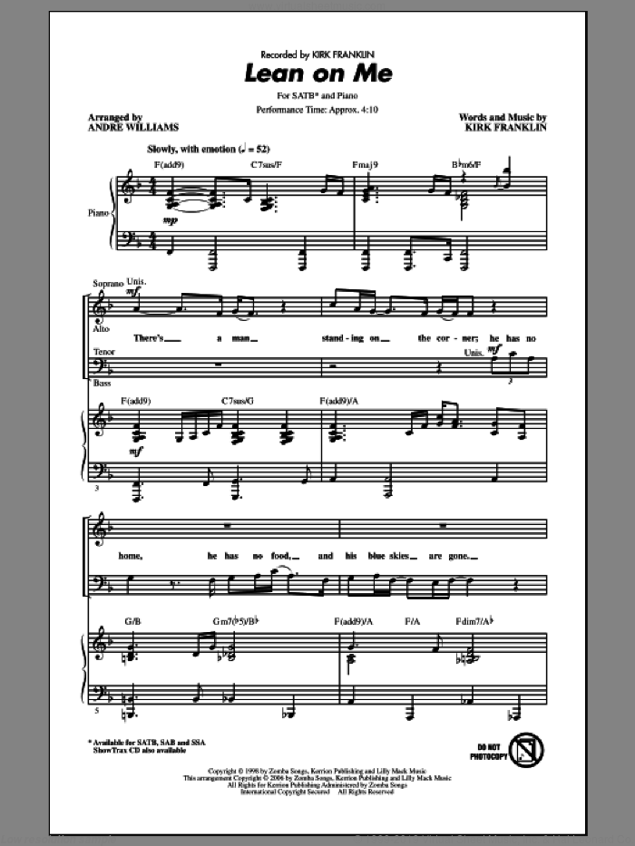 Lean On Me (arr. Andre Williams) sheet music for choir (SATB: soprano, alto, tenor, bass) by Kirk Franklin and Andre Williams, intermediate skill level