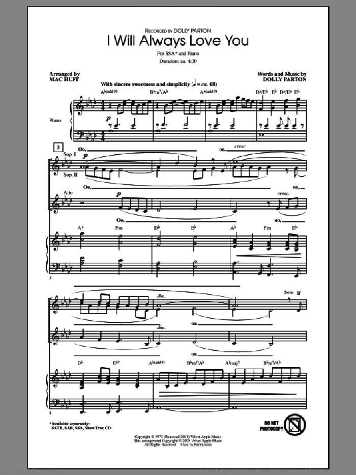 I Will Always Love You (arr. Mac Huff) sheet music for choir (SSA: soprano, alto) by Mac Huff, Dolly Parton and Whitney Houston, intermediate skill level