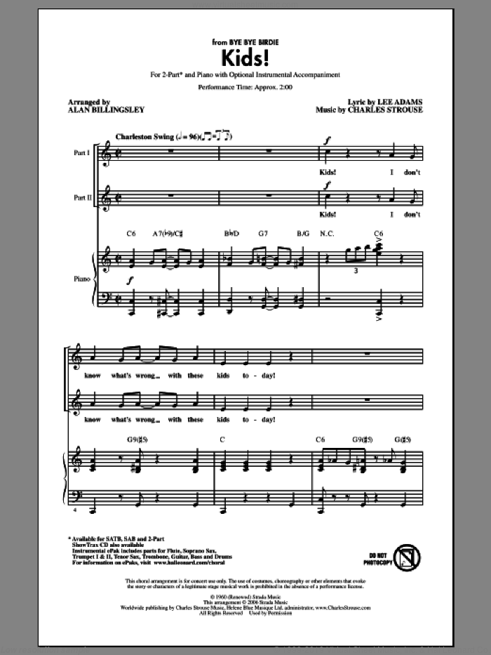 Kids! sheet music for choir (2-Part) by Alan Billingsley, Charles Strouse and Lee Adams, intermediate duet