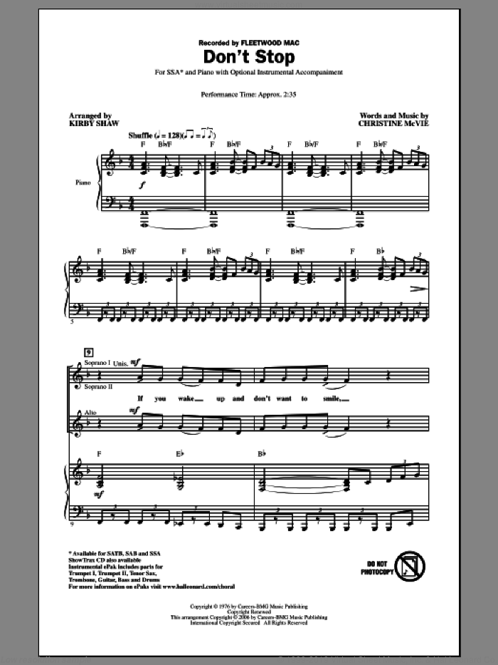 Don't Stop sheet music for choir (SSA: soprano, alto) by Kirby Shaw, Christine McVie, Fleetwood Mac and Glee Cast, intermediate skill level