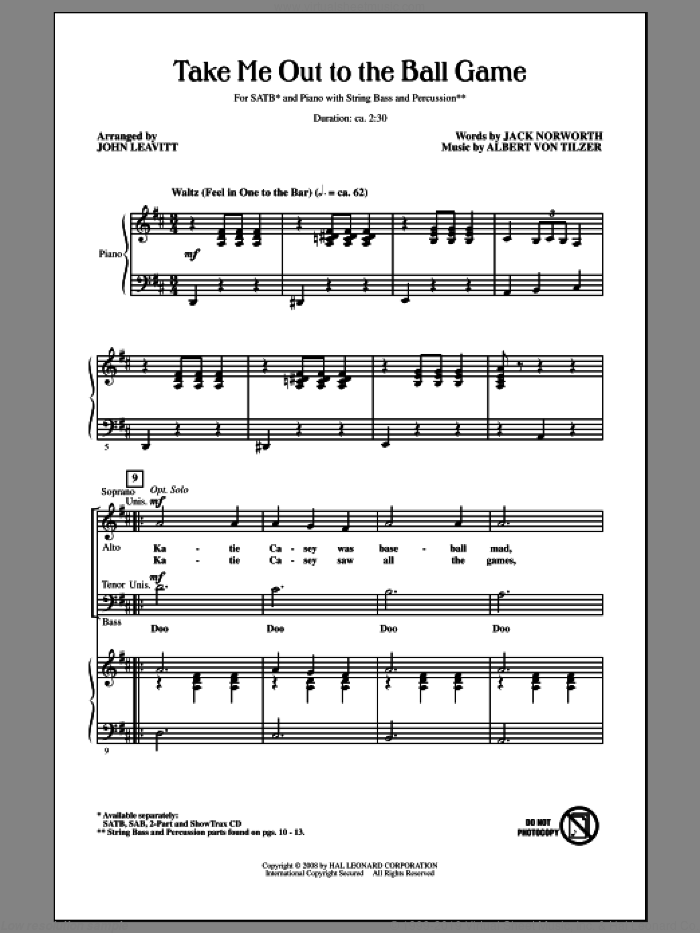Take Me Out To The Ball Game sheet music for choir (SATB: soprano, alto, tenor, bass) by John Leavitt, Albert von Tilzer and Jack Norworth, intermediate skill level