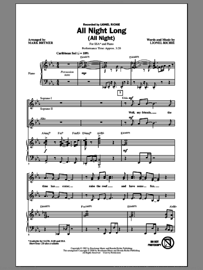 All Night Long (All Night) (arr. Mark Brymer) sheet music for choir (SSA: soprano, alto) by Mark Brymer and Lionel Richie, intermediate skill level