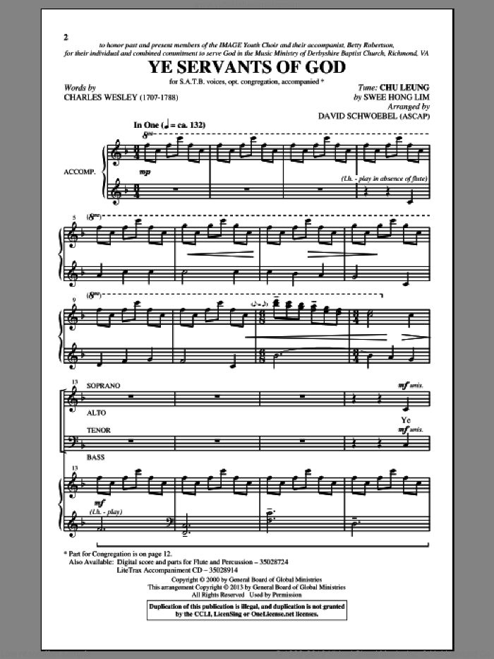 Ye Servants Of God sheet music for choir (SATB: soprano, alto, tenor, bass) by Charles Wesley, David Schwoebel and Swee Hong Lim, intermediate skill level