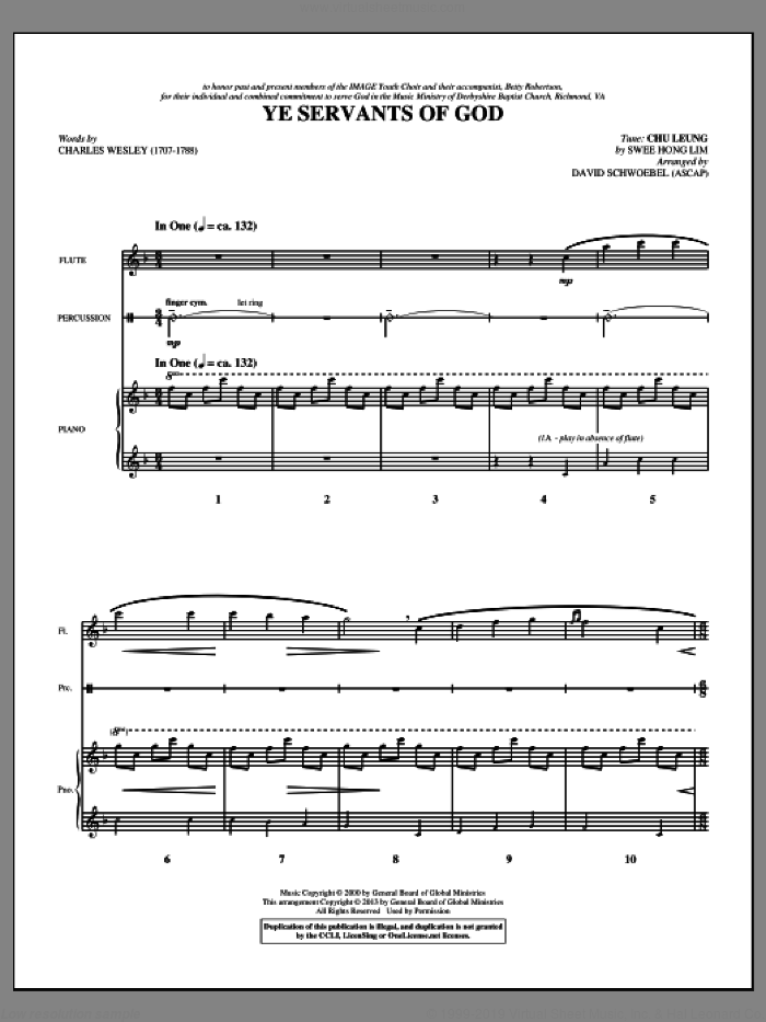 Ye Servants of God (COMPLETE) sheet music for orchestra/band by Charles Wesley, David Schwoebel and Swee Hong Lim, intermediate skill level