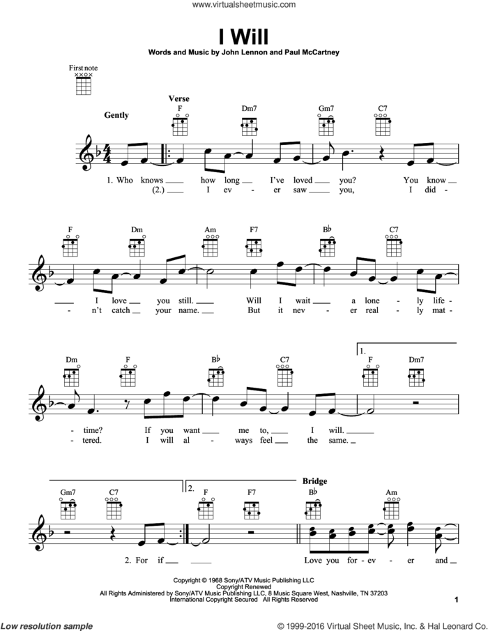 I Will sheet music for ukulele by The Beatles, John Lennon and Paul McCartney, intermediate skill level