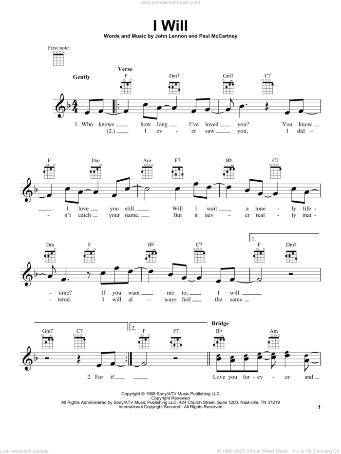 I Will (from The Daily Ukulele) sheet music for ukulele by The Beatles, John Lennon and Paul McCartney, wedding score, intermediate skill level