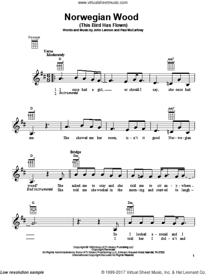 Norwegian Wood (This Bird Has Flown) sheet music for ukulele by The Beatles, John Lennon and Paul McCartney, intermediate skill level