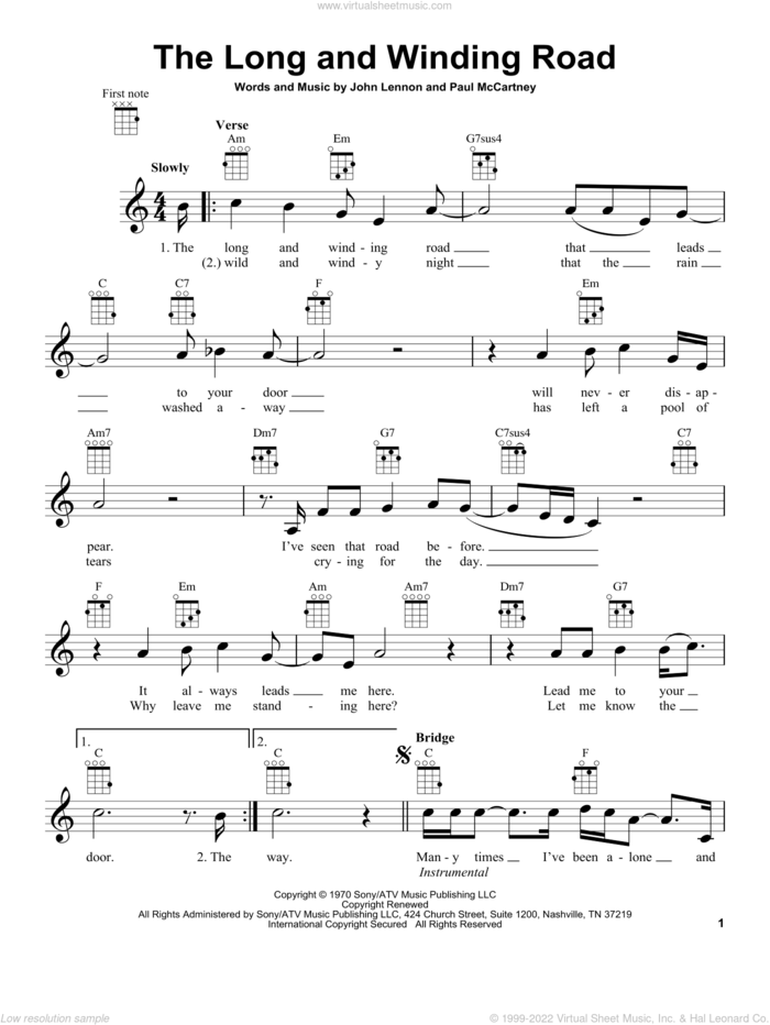 The Long And Winding Road sheet music for ukulele by The Beatles, John Lennon and Paul McCartney, intermediate skill level