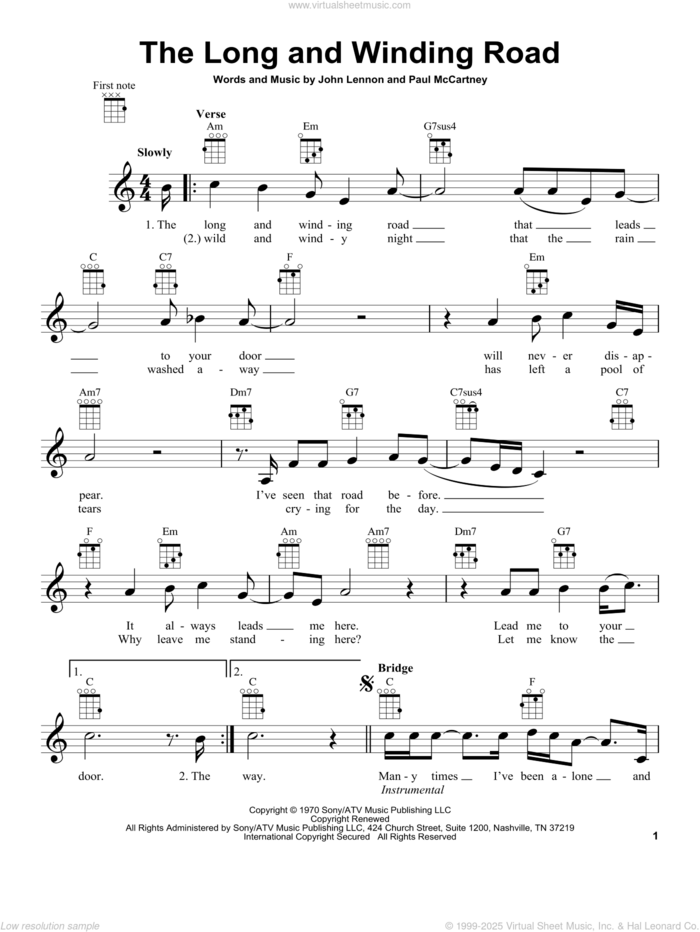 The Long And Winding Road sheet music for ukulele by The Beatles, John Lennon and Paul McCartney, intermediate skill level