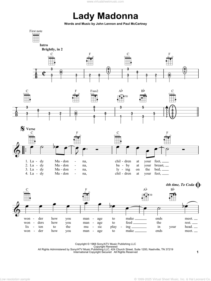 Lady Madonna sheet music for ukulele by The Beatles, John Lennon and Paul McCartney, intermediate skill level