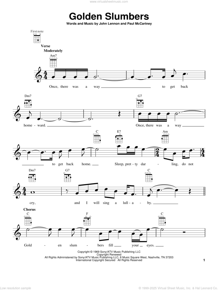 Golden Slumbers sheet music for ukulele by The Beatles, John Lennon and Paul McCartney, intermediate skill level