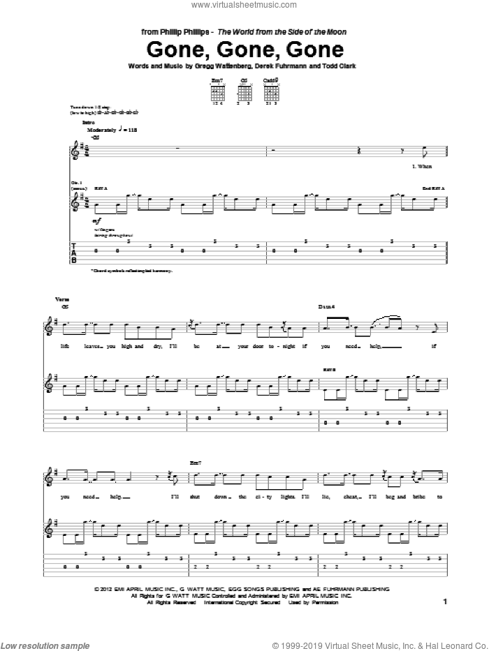 Gone, Gone, Gone sheet music for guitar (tablature) by Phillip Phillips, intermediate skill level