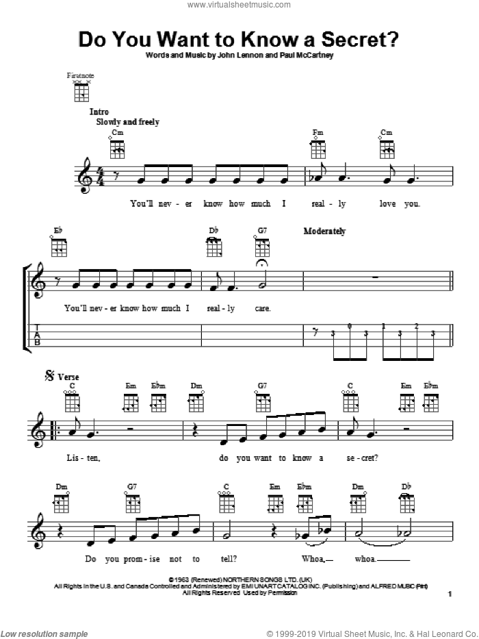 Do You Want To Know A Secret? sheet music for ukulele by The Beatles, John Lennon and Paul McCartney, intermediate skill level