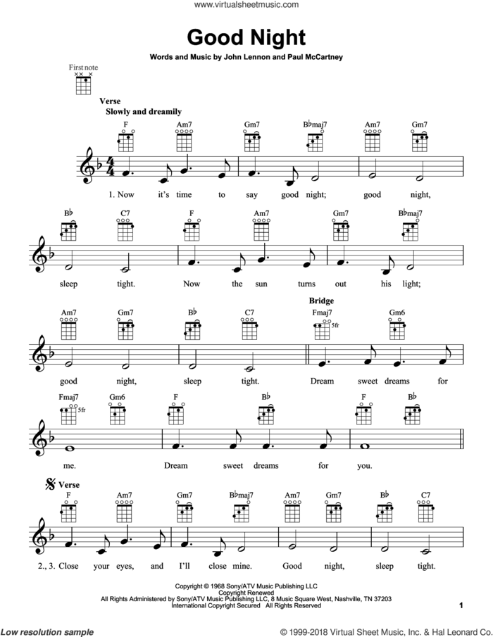 Good Night sheet music for ukulele by The Beatles, John Lennon and Paul McCartney, intermediate skill level