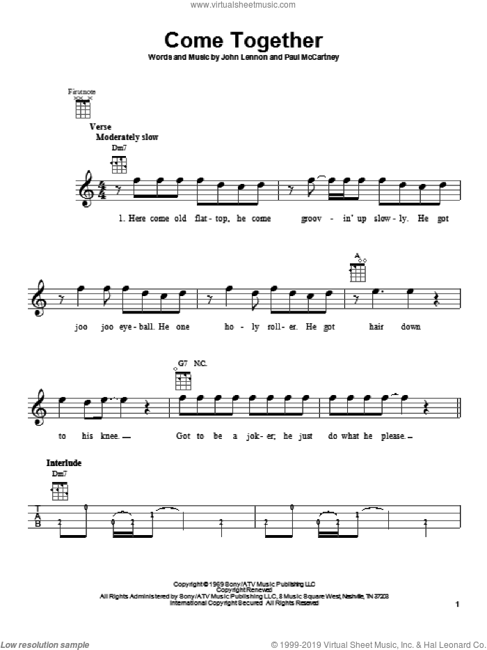 Come Together sheet music for ukulele by The Beatles, Aerosmith, John Lennon and Paul McCartney, intermediate skill level