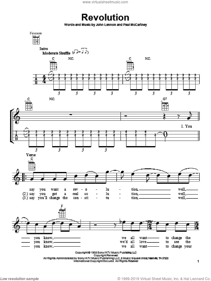 Revolution sheet music for ukulele by The Beatles, John Lennon and Paul McCartney, intermediate skill level